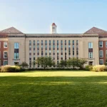 Historic hall across the main campus lawn