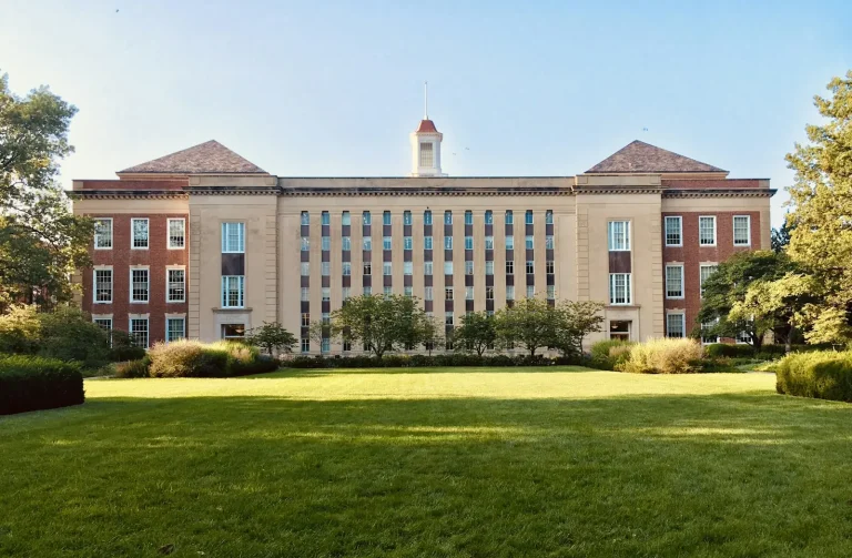 Historic hall across the main campus lawn