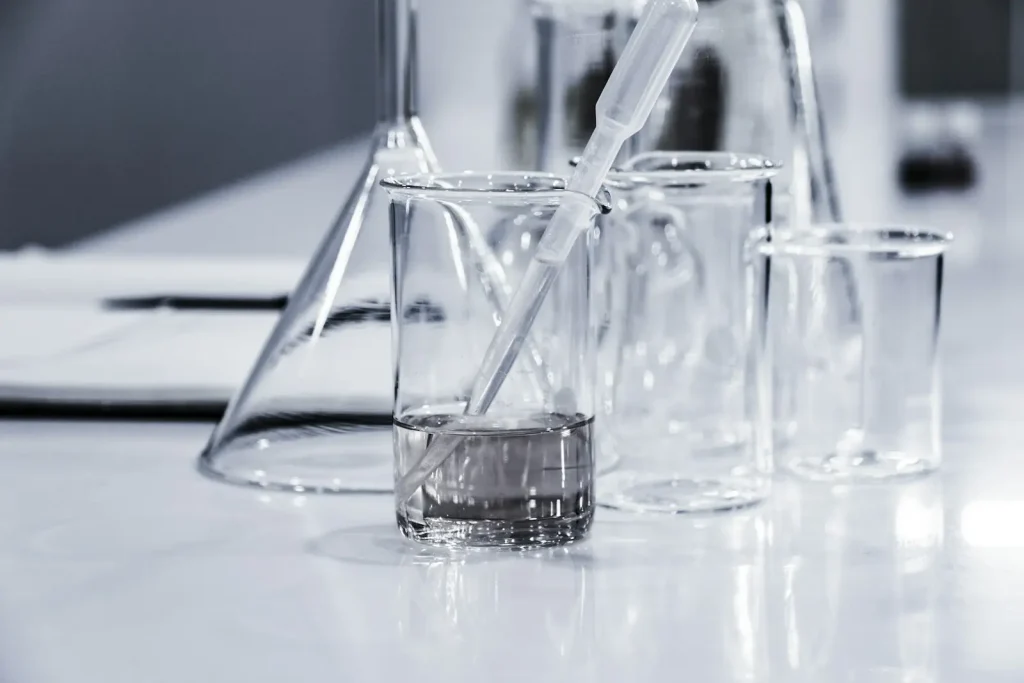 Laboratory glassware on a bench