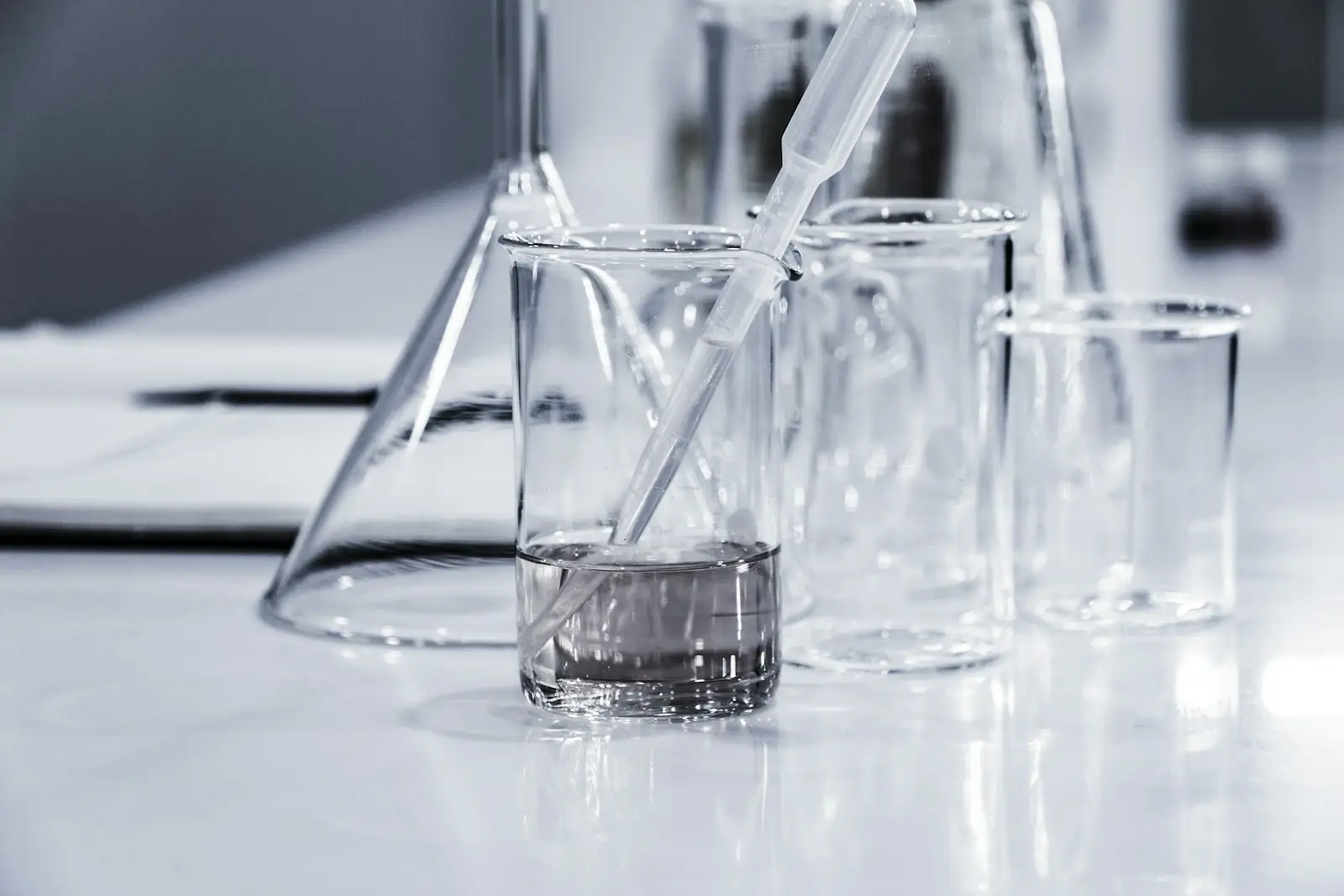 Laboratory glassware on a bench