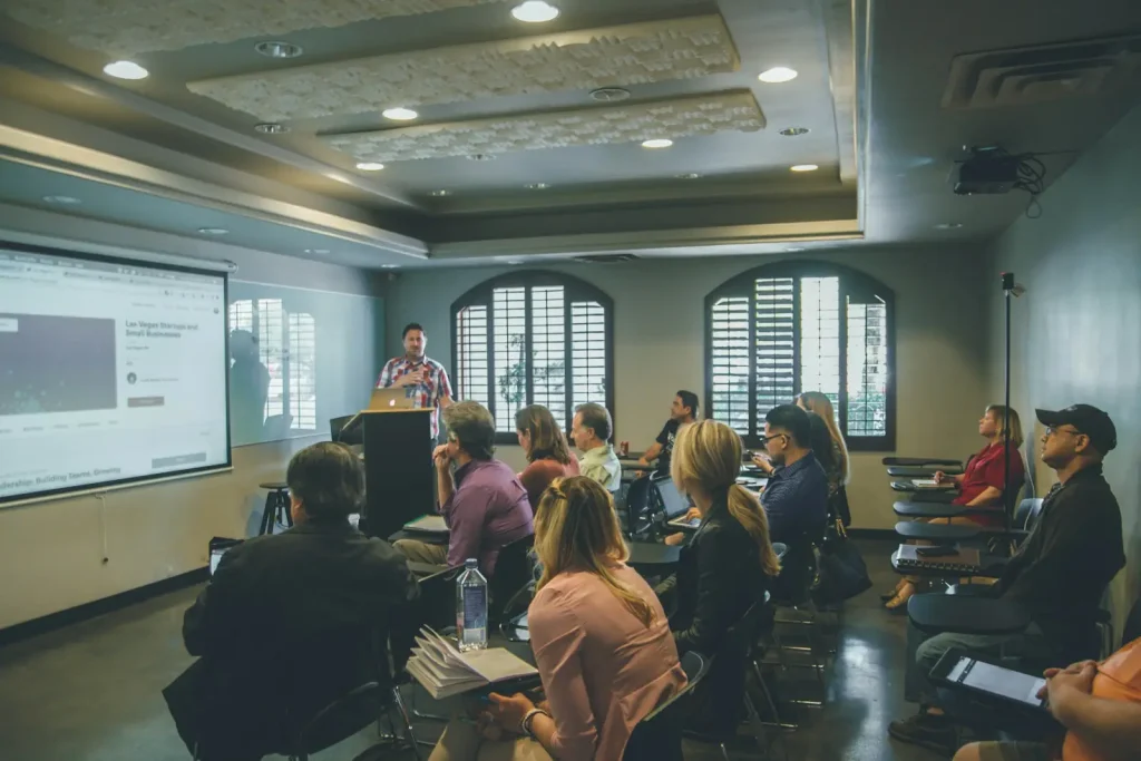Seminar room with a presentation on screen