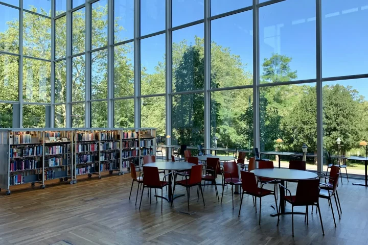 Bright reading room with tall windows