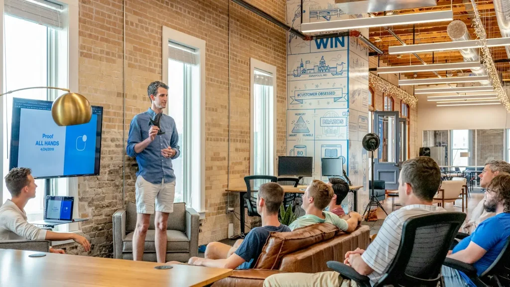 Guest speaker leading a talk in a loft space